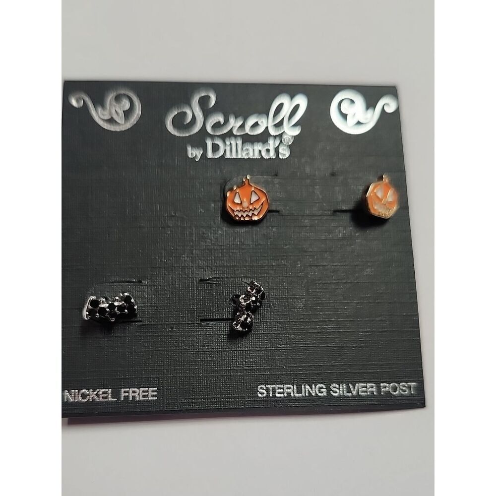 Scroll by Dillard's Halloween Pumpkin & Silver Black Bat Stud Earrings Set
